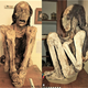 Two images of a mummified man on a university table.